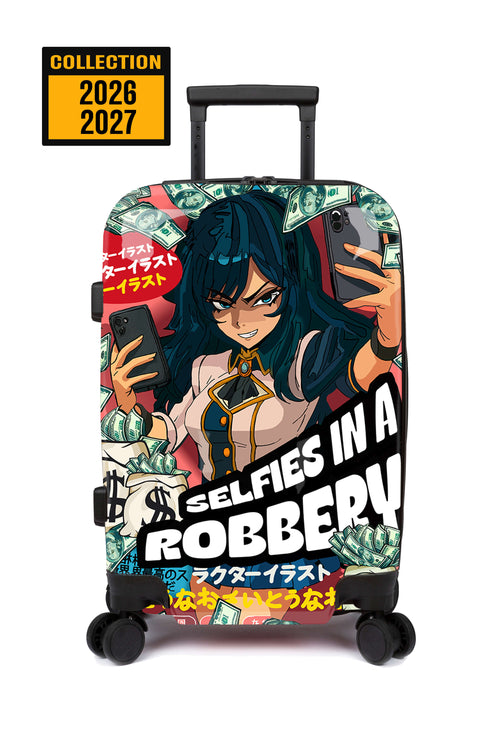 Luggage with anime character design and text on a white background