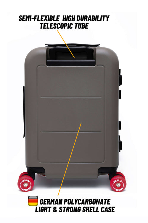 A gray hard-shell suitcase shown from the back with text callouts reading 'SEMI-FLEXIBLE HIGH DURABILITY TELESCOPE TUBE' and 'GERMAN POLYCARBONATE LIGHT & STRONG SHELL CASE,' plus yellow lines pointing to features. The suitcase has red wheels and is photographed on a white background.