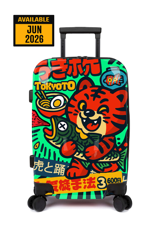 Maleta colorida con un diseño de tigre manga y texto sobre un fondo Verde