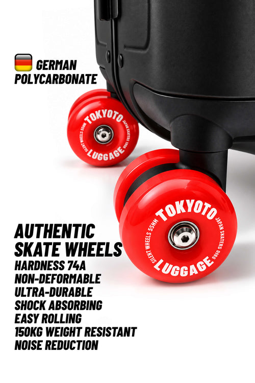 Red Tokyo Luggage authentic polycarbonate skateboard wheels mounted on a black suitcase, shown on a white background with promotional text highlighting hardness, shock absorption, and weight resistance.