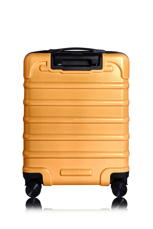 Yellow  Antiscratch suitcase with black handle and wheels on a white background