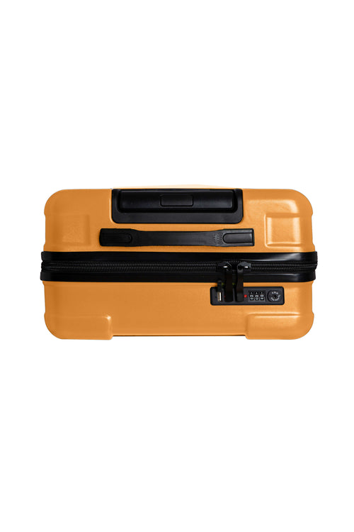 Orange suitcase with black handle and zippers on a white background