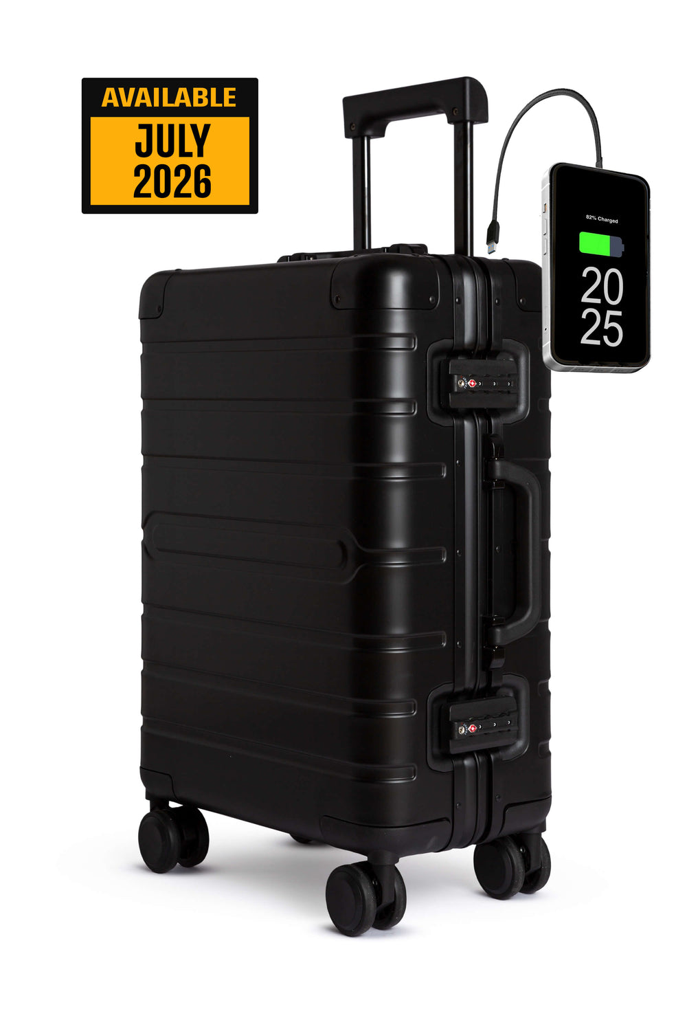 Black Aluminum suitcase with digital display on a white background