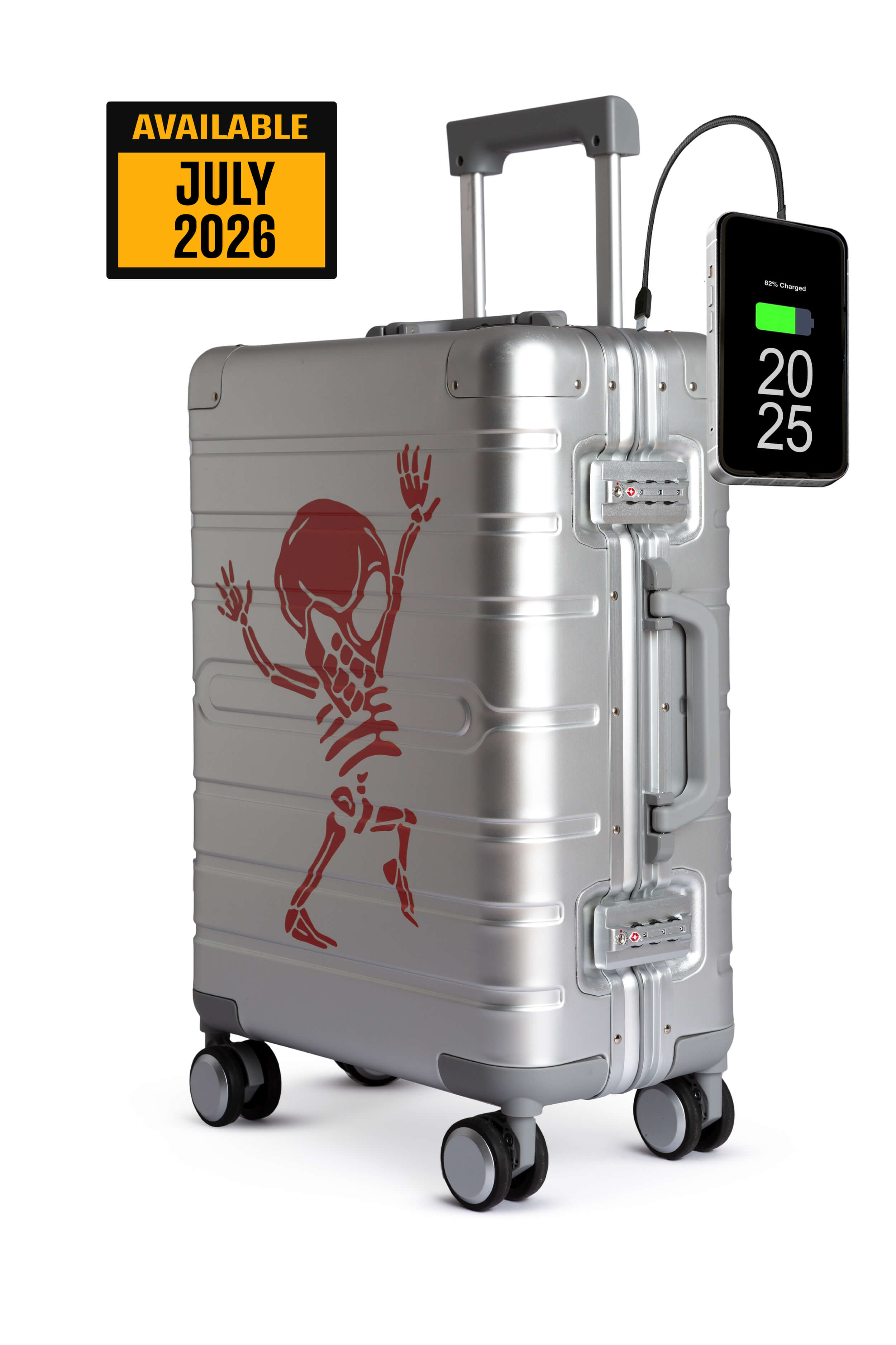 Silver suitcase with digital display and skeleton design on a white background
