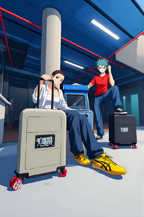 Two animated characters with Skate wheels luggage in a modern indoor setting