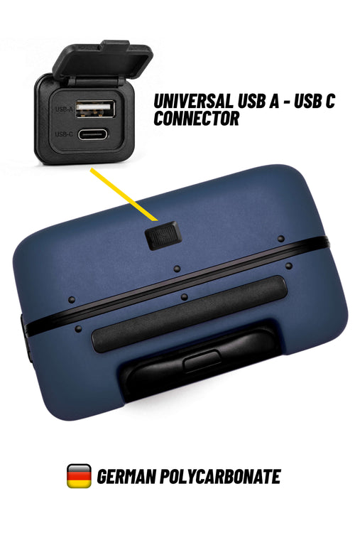 A navy blue hard-shell suitcase shown from the top, with a close-up inset of a universal USB A - USB C connector on the suitcase lid. Text reads 'UNIVERSAL USB A - USB C CONNECTOR' and 'GERMAN POLYCARBONATE' with a small German flag.