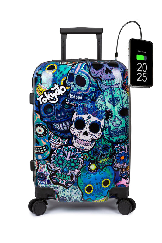 Suitcase Young Kids Cabin Mexican Skulls Catrinas Front BLUE SKULLS