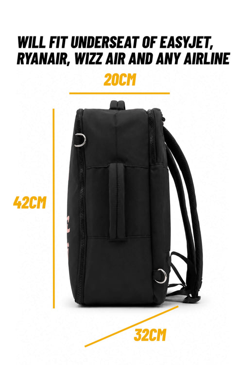 A black backpack shown on a white background with text indicating its dimensions: 42CM height, 32CM width, and 20CM depth, plus text stating it will fit underseat of EasyJet, Ryanair, Wizz Air and any airline.