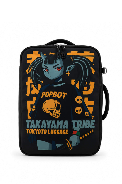 A black zippered lunch bag featuring a graphic print of the character Popbot from Tokyo Ghoul, with the text 'TAKAYAMA TRIBE TOKYOYO LUGGAGE'. The bag has a top handle, a side handle, and a front zipper.