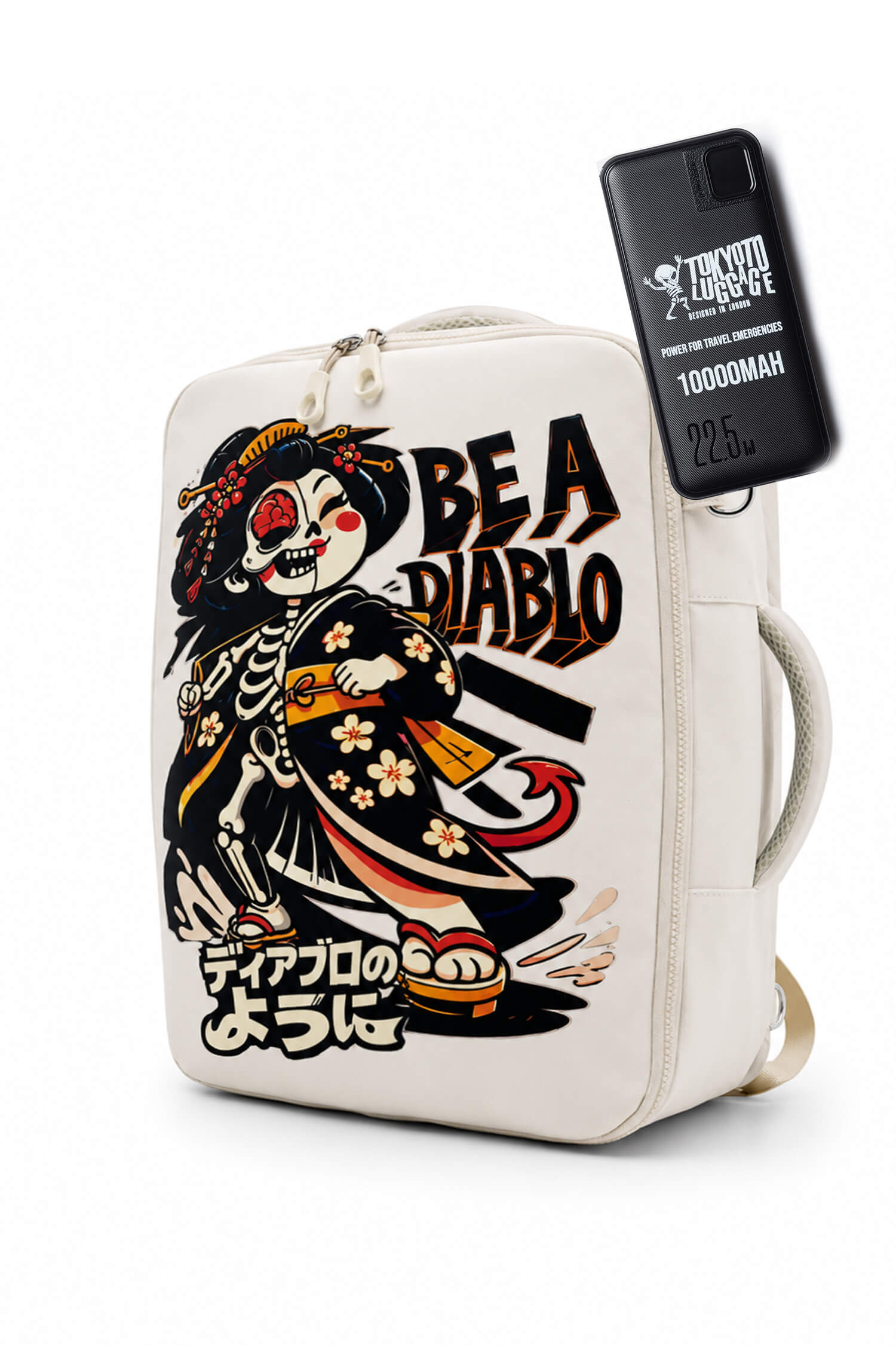 An off-white canvas backpack featuring a graphic illustration of a skeleton in a kimono with the text 'BE A DIABLO' and Japanese text. A black phone case with 'TRICK OR TREAT' branding is attached to the side zipper.