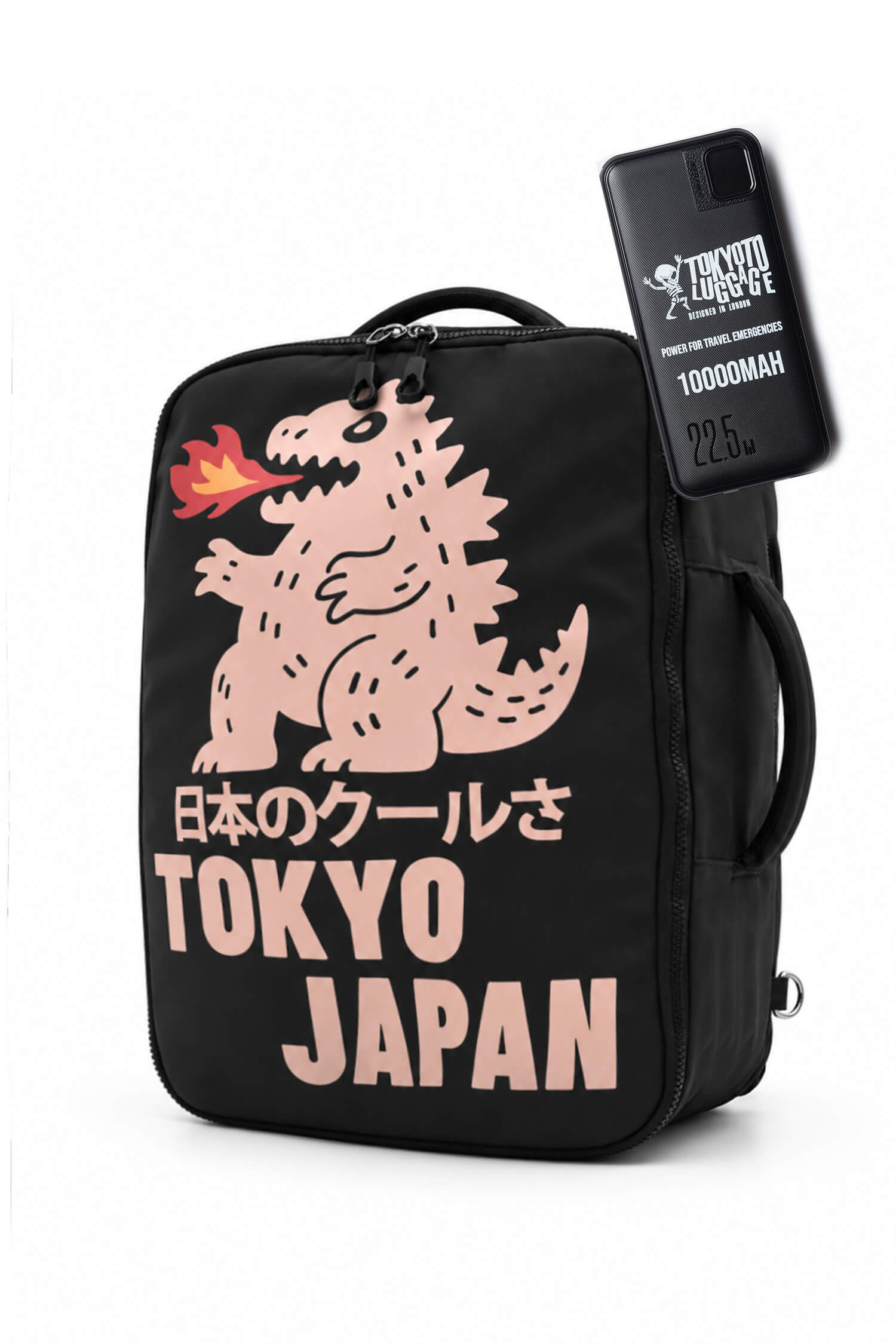 A black insulated lunch bag featuring a pink Godzilla graphic, Japanese text, and 'TOKYO JAPAN' in large pink letters. A black smartphone case with 'TOKYO GODZILLA 1000MAH' branding is shown attached to the side against a white background.