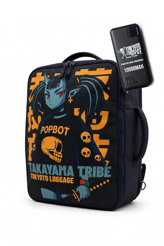 A black Takayama Tribe Popbot themed lunch bag with a side pocket containing a black power bank, shown on a white background.
