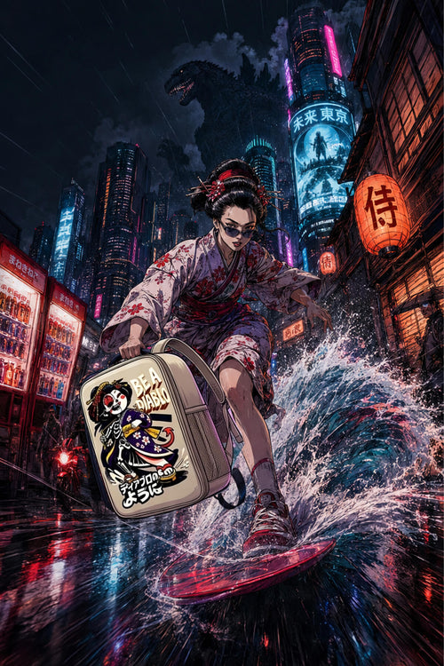 A stylized neon city street scene at night with a woman in a kimono riding a surfboard-like board across splashing water, surrounded by glowing skyscrapers and lanterns. A backpack with a large illustrated character print is prominently shown in the foreground.